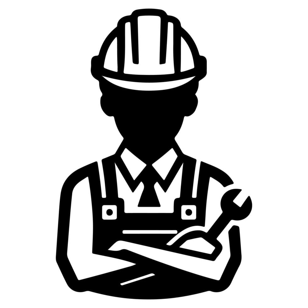 ai généré Facile ouvrier homme dessin animé avec outil, constructeur construction logo monochrome icône noir silhouette conception style vecteur illustration international la main d'oeuvre journée concept