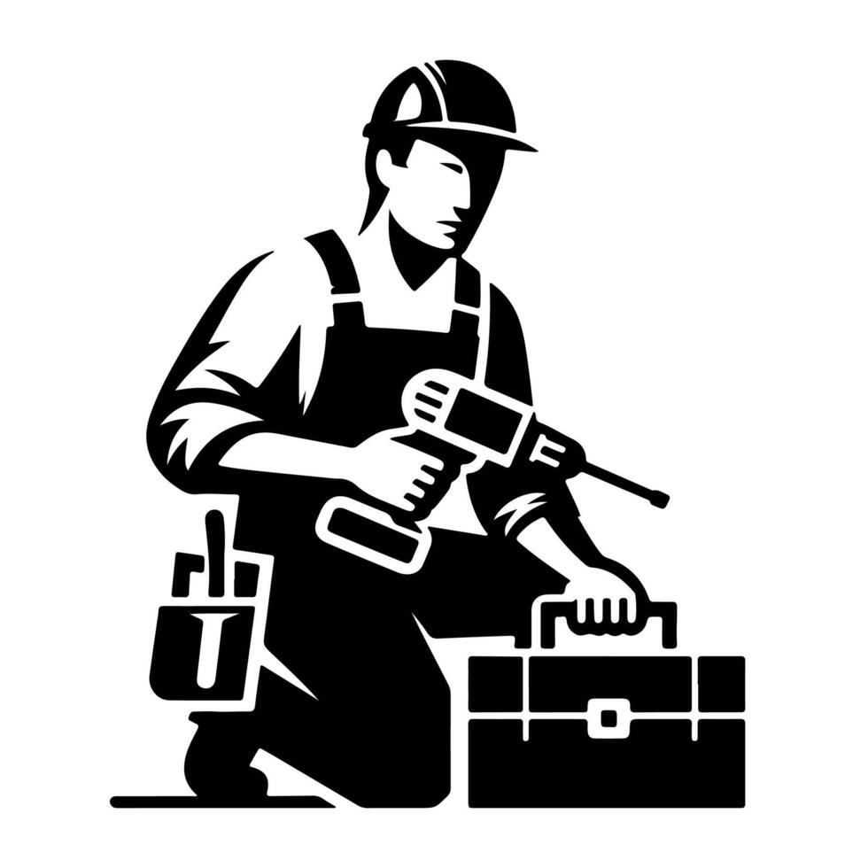 ai généré Facile ouvrier homme dessin animé avec outil, constructeur construction logo monochrome icône noir silhouette conception style vecteur illustration international la main d'oeuvre journée concept