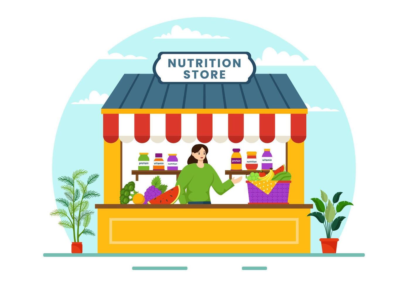 nutrition boutique vecteur illustration avec diététique supplément de vitamines et minéraux tel comme Frais fruit ou des légumes dans plat dessin animé Contexte