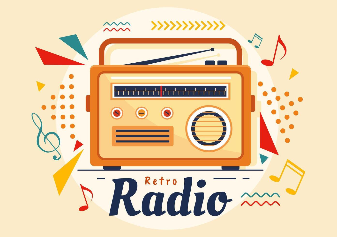 rétro radio vecteur illustration avec joueur style pour enregistrer, vieux destinataire, interviews célébrité et écoute à la musique dans plat dessin animé Contexte