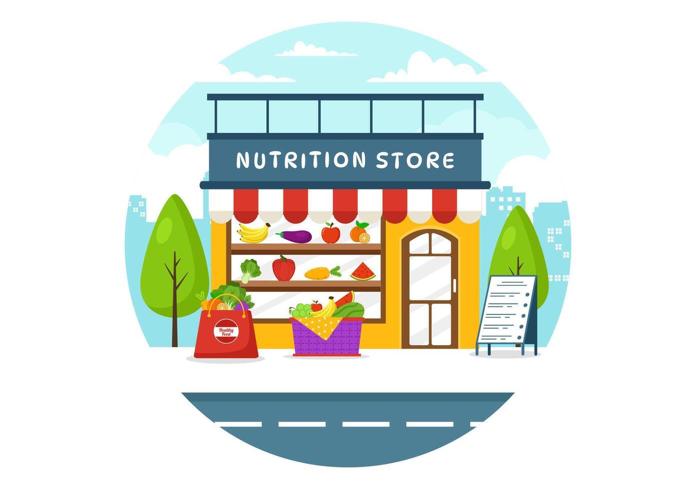 nutrition boutique vecteur illustration avec diététique supplément de vitamines et minéraux tel comme Frais fruit ou des légumes dans plat dessin animé Contexte