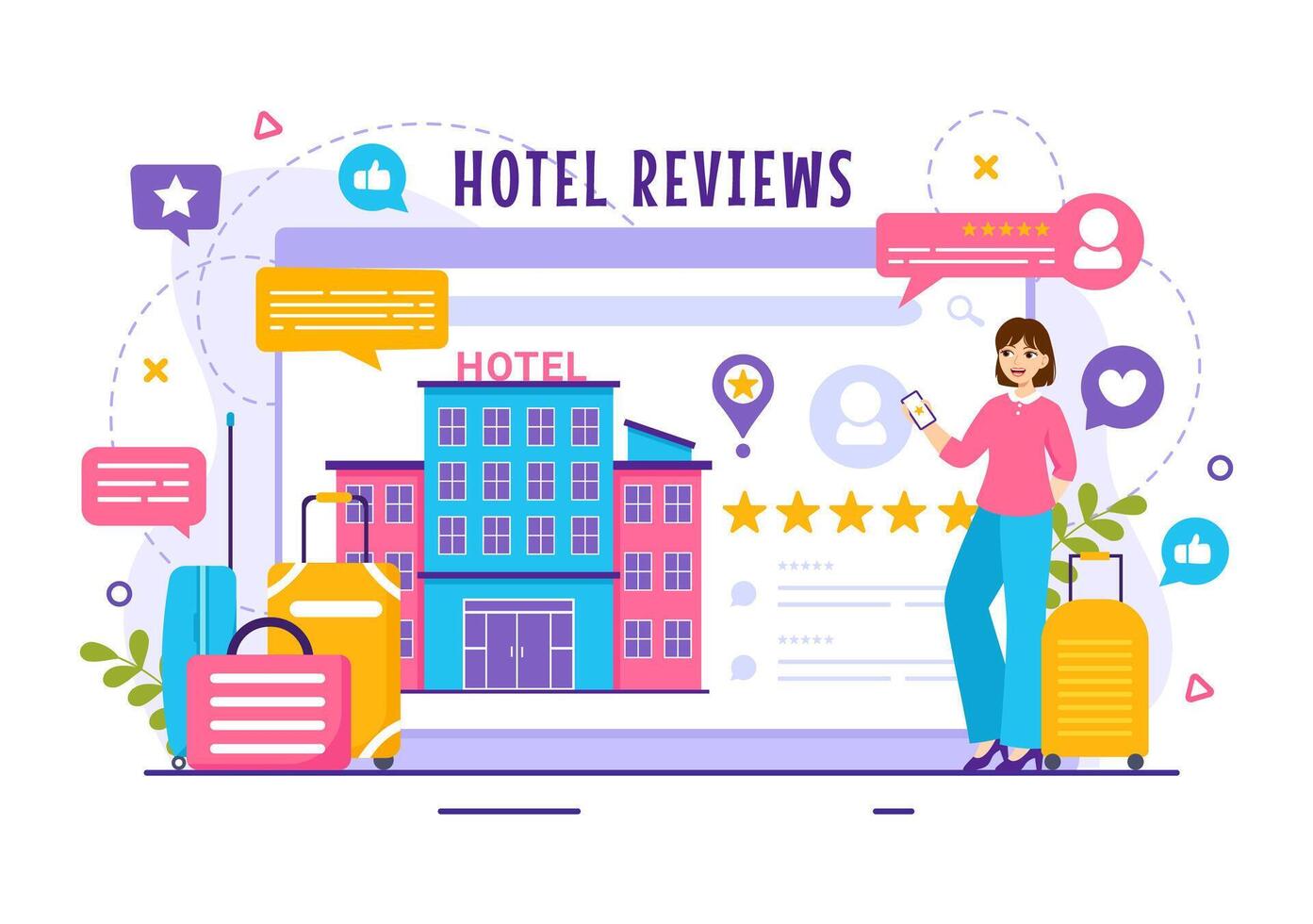 Hôtel Commentaires vecteur illustration avec évaluation service, utilisateur la satisfaction à évalué client, produit ou expérience dans plat dessin animé Contexte