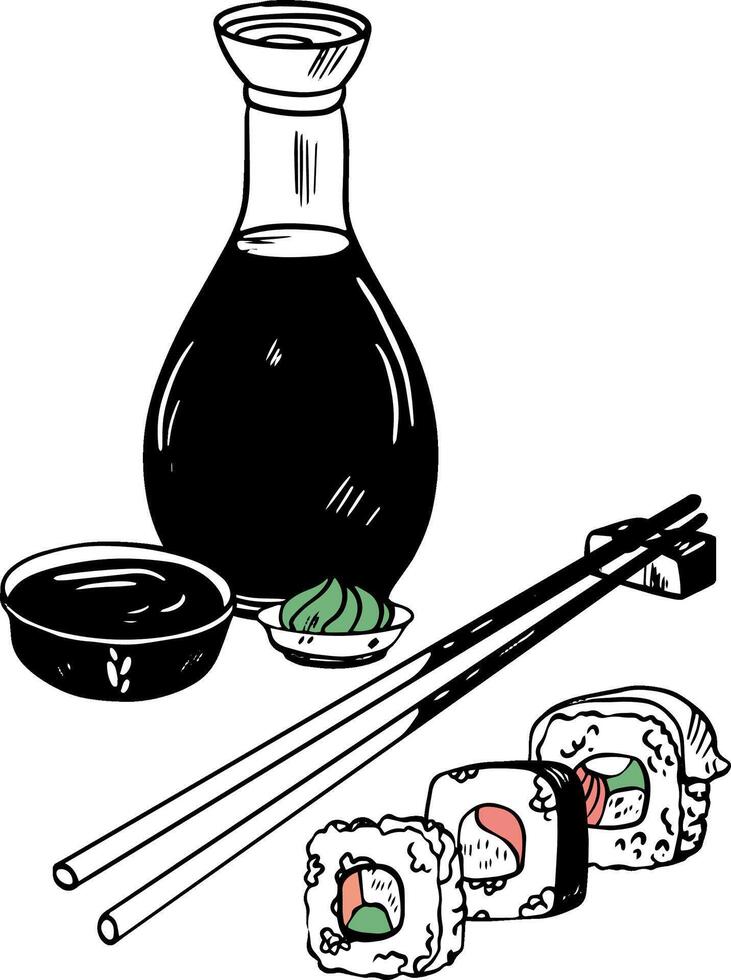 divers Sushi asiatique nourriture main tiré vecteur ensemble avec baguettes et soja sauce isolé sur blanc