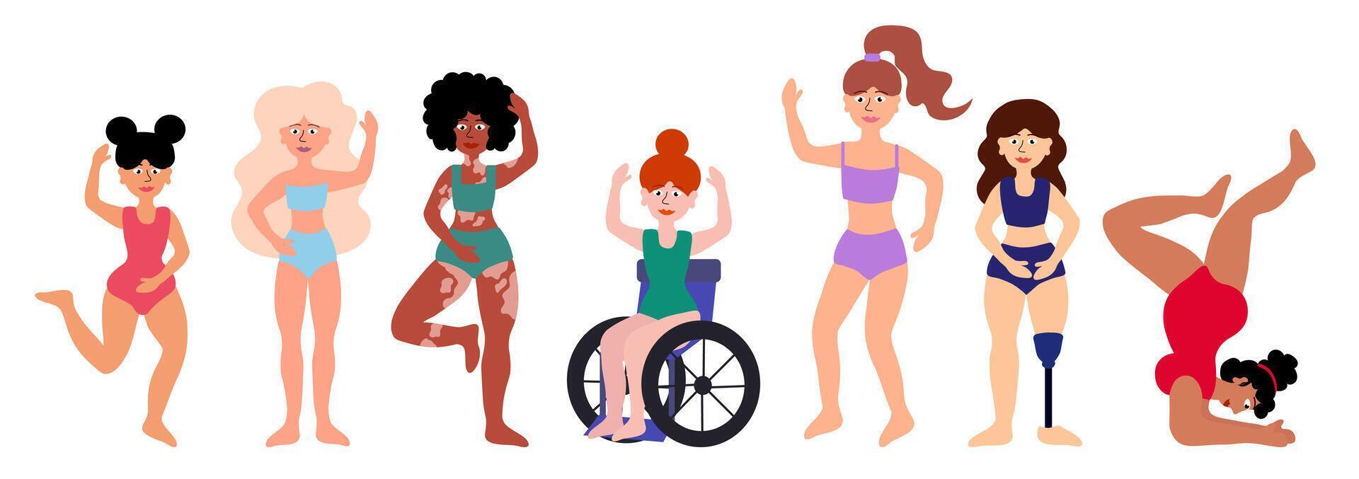 corps positif concept. femmes de différent âge, peau couleurs, ethnique groupes, corps les types. invalidité, vitiligo, prothèse. les filles dans maillots de bain permanent ensemble. dessin animé plat vecteur illustration.