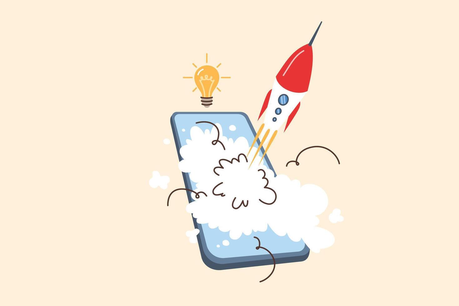 mobile téléphone avec fusée lancement, métaphore pour Nouveau Commencez avec application pour téléphone intelligent utilisateurs vecteur