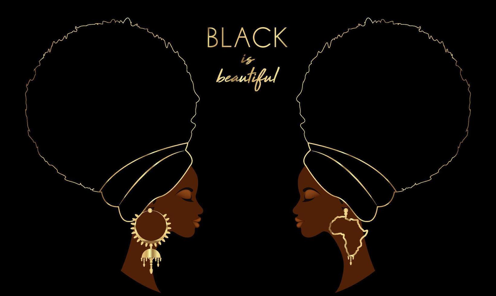 noir est magnifique concept, portrait africain femmes dans afro frisé cheveux, luxe d'or des boucles d'oreilles et turban. beauté mode modèle. vecteur illustration isolé sur noir Contexte.