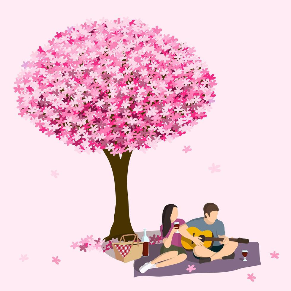 main tiré couple ayant une pique-nique en dessous de épanouissement rose Sakura arbre, hanami concept, vecteur