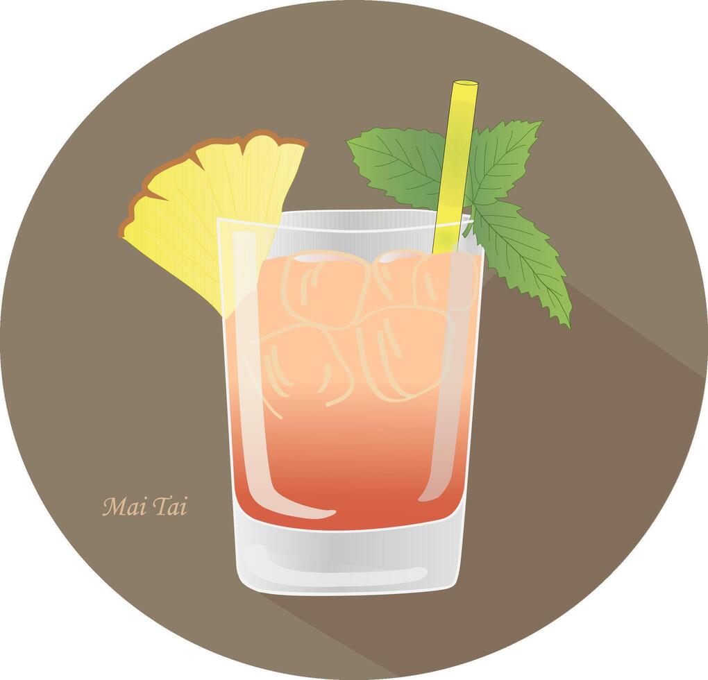 main tiré vecteur illustration de une mai tai de l'alcool Rhum cocktail avec une menthe feuille, Jaune paille, ananas lance, dans un vieux façonné verre, dans une marron cercle avec une ombre.