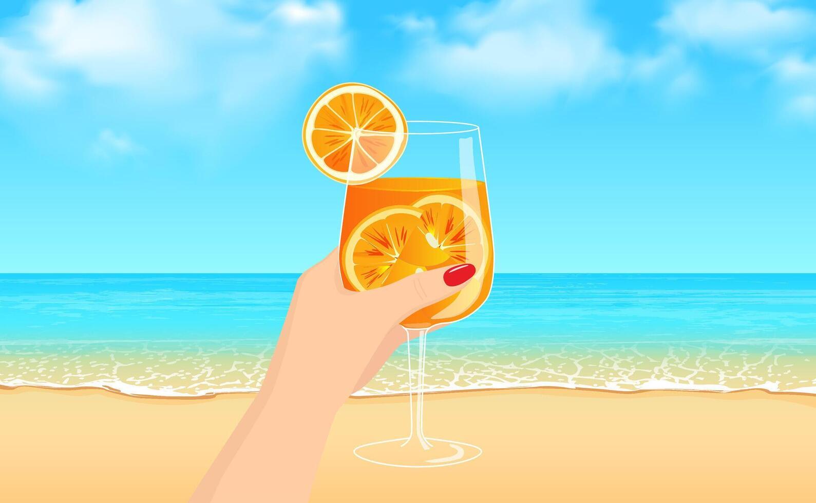 vecteur illustration de une femelle main élevage une verre de aperol spritz cocktail à le rivage