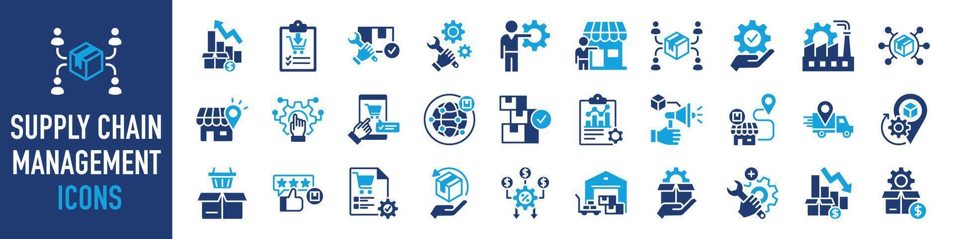 ensemble de Icônes en relation à la fourniture chaîne gestion, valeur chaîne, la logistique, livraison, fabrication, Commerce. icône collection. vecteur illustration.