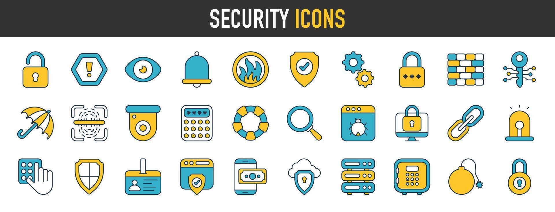 sécurité, sécurité, protection plat Icônes. tel comme doigt imprimer, affaires Les données protection technologie, cyber Sécurité etc. vecteur illustration.