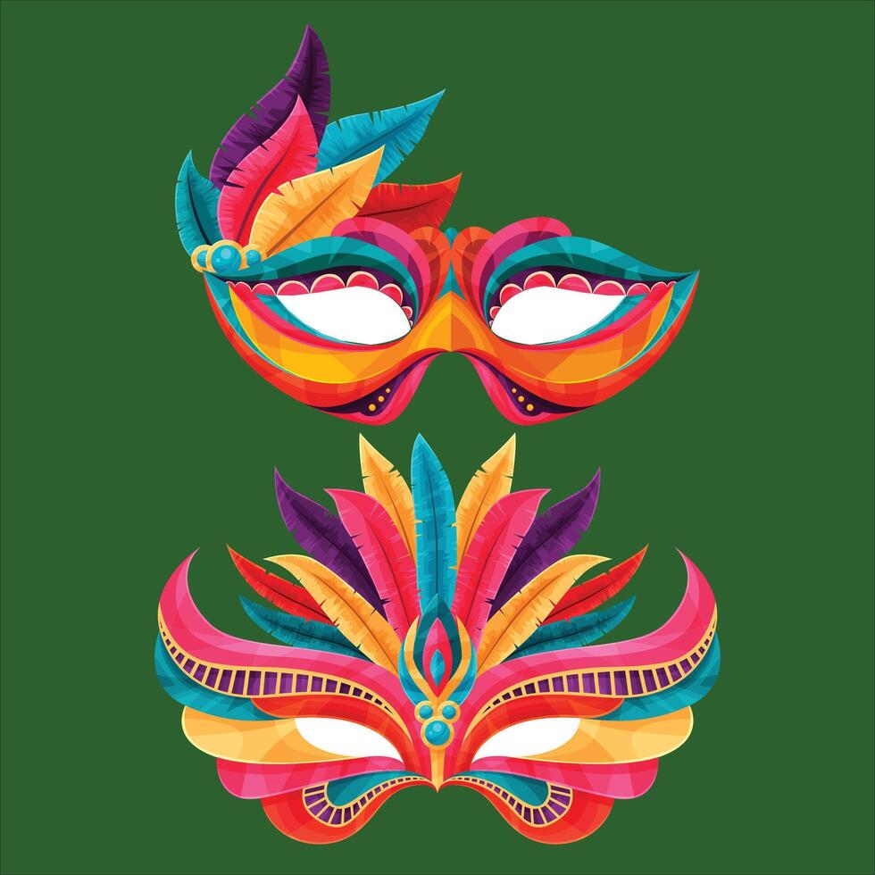 deux coloré carnaval masques sur une vert Contexte. vecteur