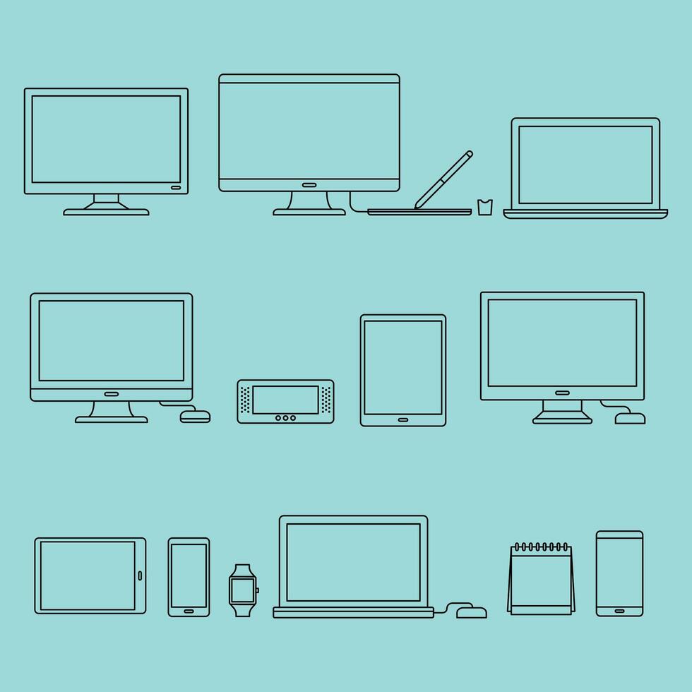 ordinateur, tablette, téléphone, ordinateur portable, moniteur, souris, clavier, souris, tablette, téléphone. vecteur