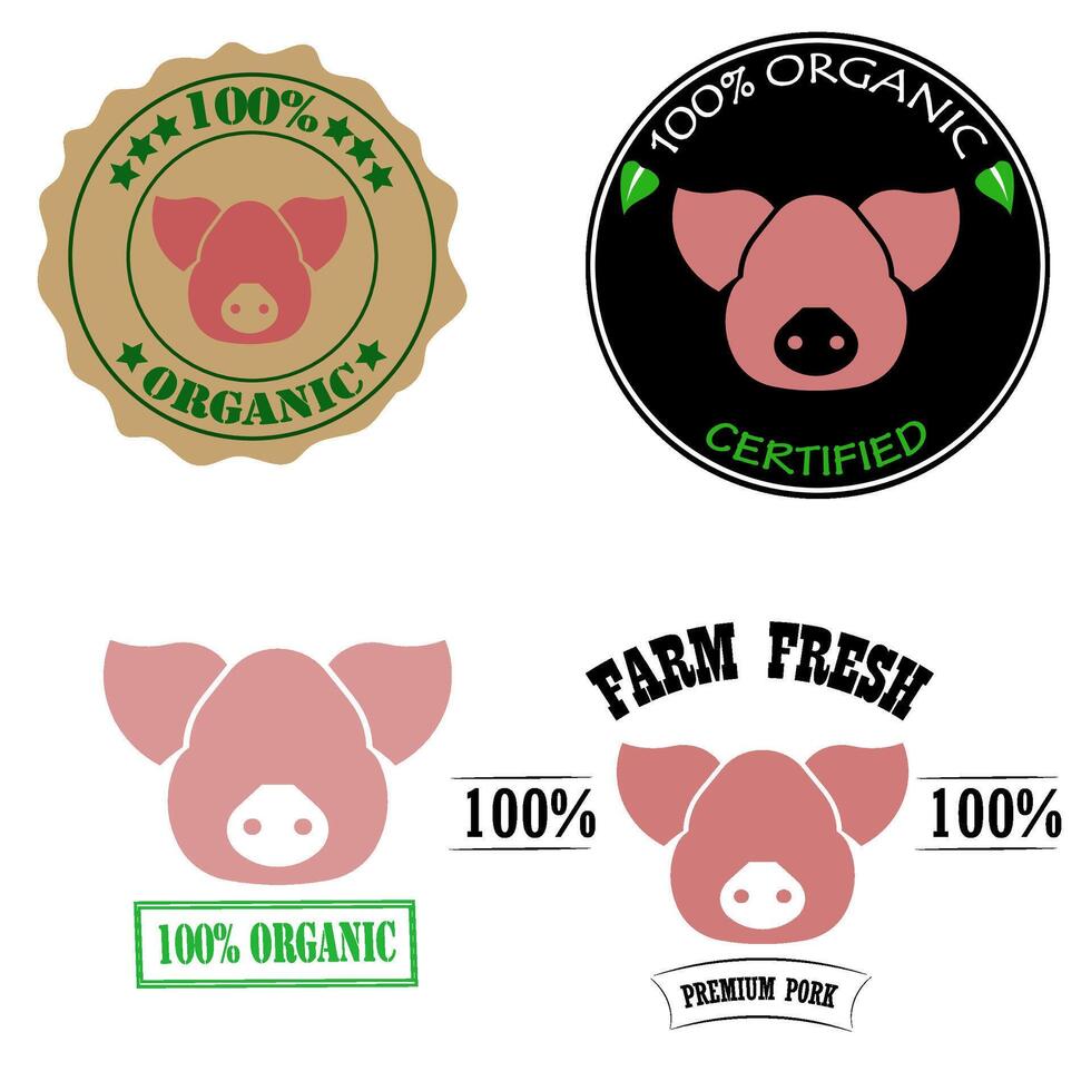 BIO, agréé, Frais cultiver, prime porc Viande logos ou Étiquettes ensemble avec rose porc diriger. vecteur illustration conception