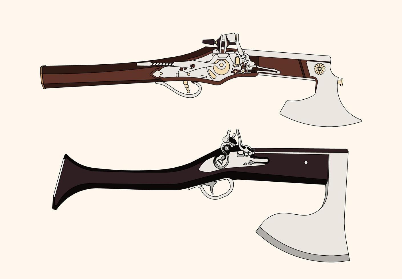 vecteur dessin animé main tiré ensemble de ancien silex pistolet et bataille hache combinaison arme