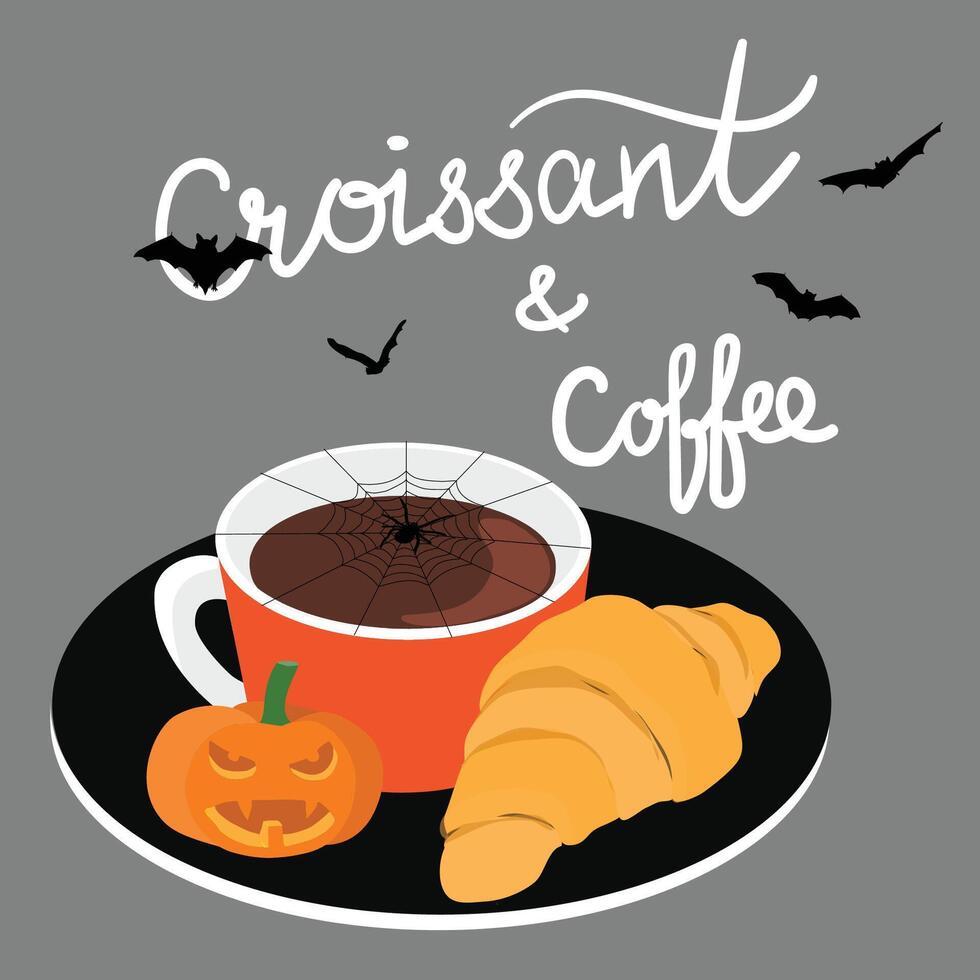 Halloween concept café et croissant café avec scénario caractères. café Pause plat vecteur