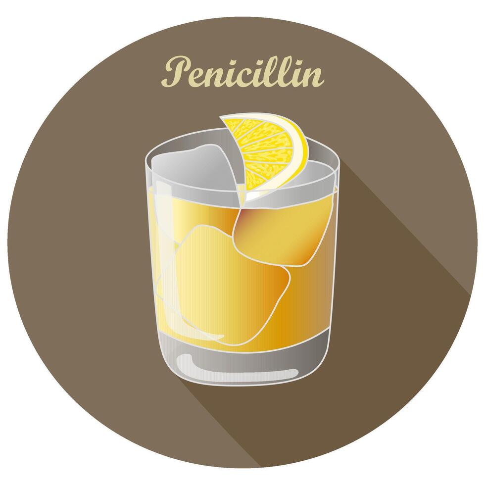 main tiré vecteur illustration de le vieux façonné de l'alcool whisky ou Cognac cocktail avec une agrumes Orange tranche et une cocktail Cerise décoration, dans une marron cercle avec une ombre et texte. bar menu