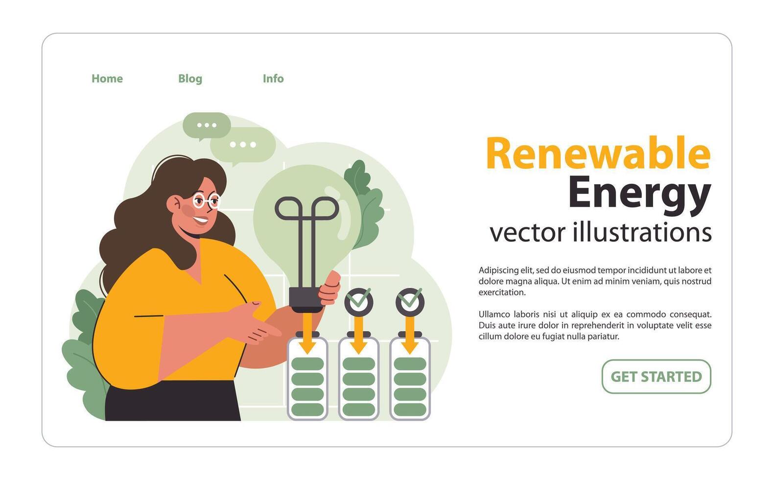 femme avec enthousiasme démontre renouvelable énergie solutions. plat vecteur illustration.