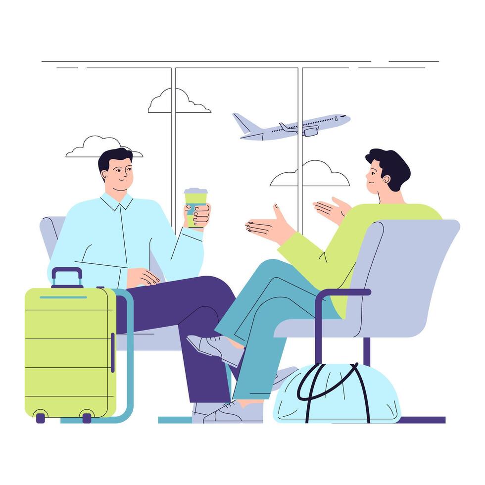 gens dans le aéroport. personnages avec une valise dans le aéroport salon zone. vecteur