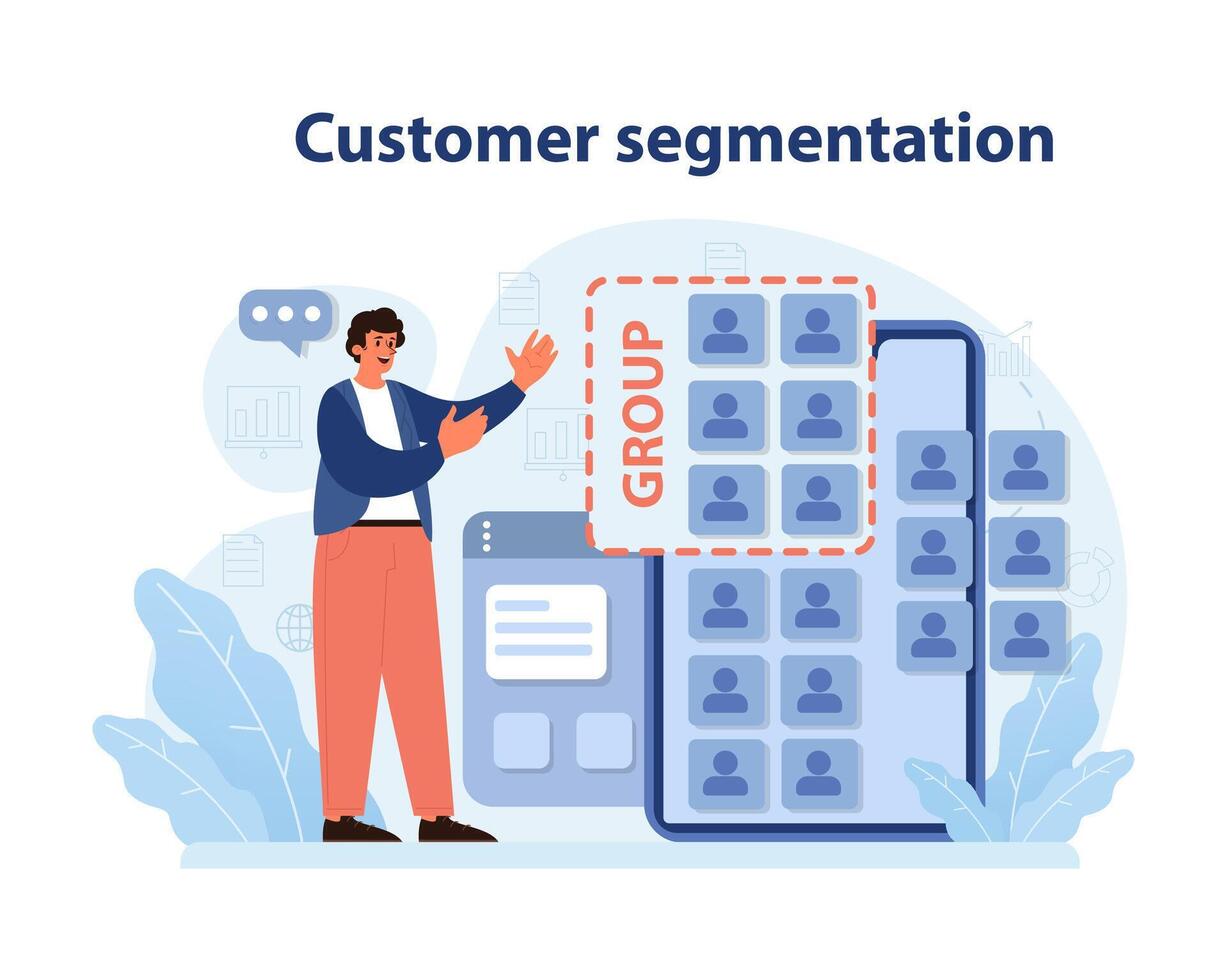 homme performant client segmentation sur numérique interface. vecteur