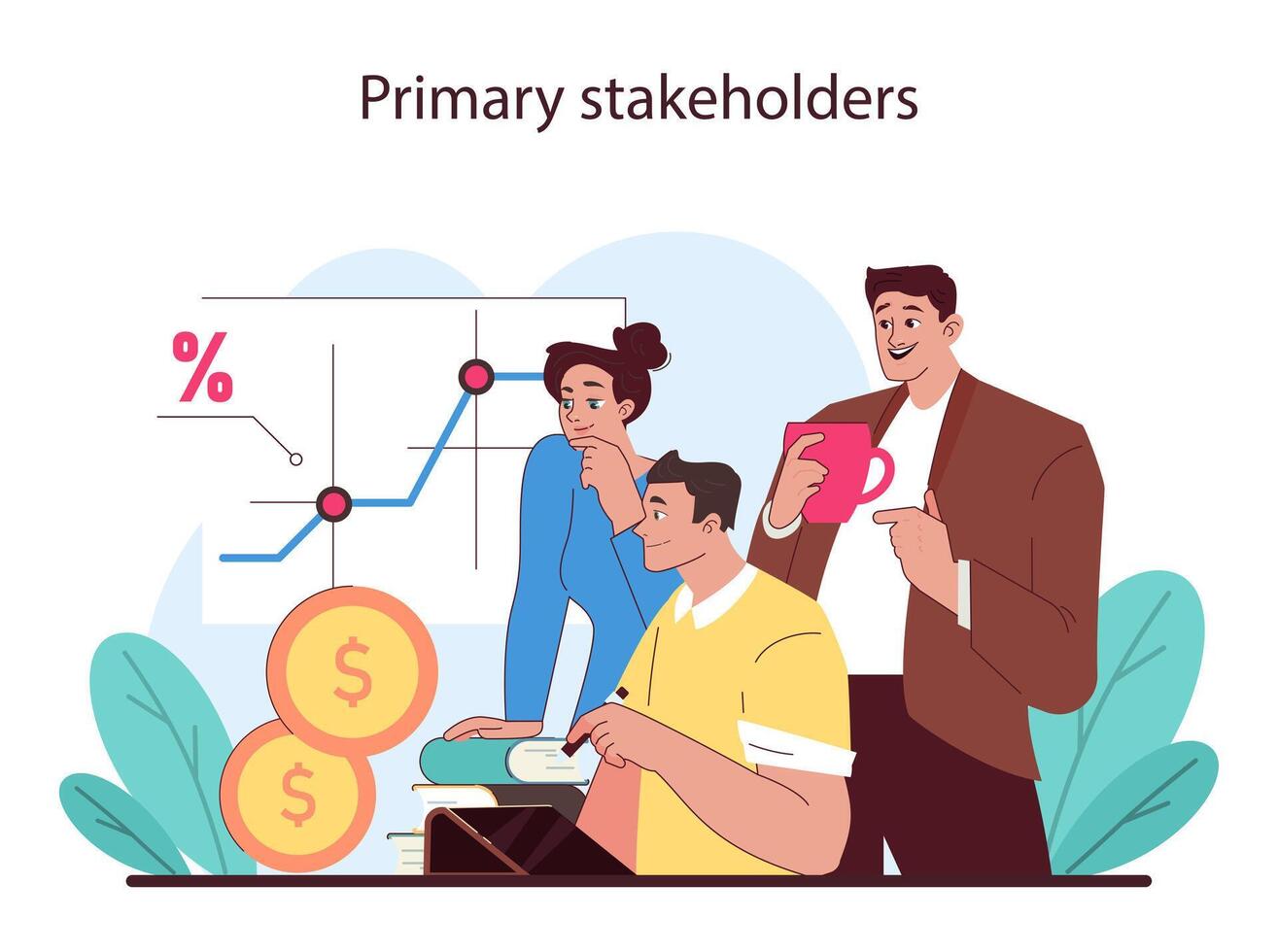 primaire les parties prenantes concept. équipe évalue financier croissance par Les données analyse. vecteur