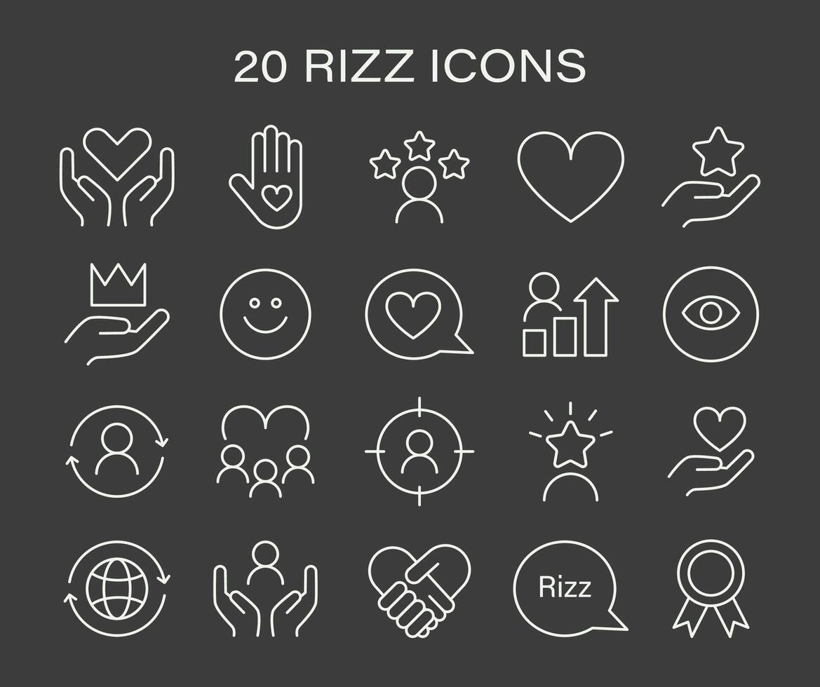 rizz icône ensemble. minimaliste ligne Icônes représentant divers aspects de social interaction vecteur
