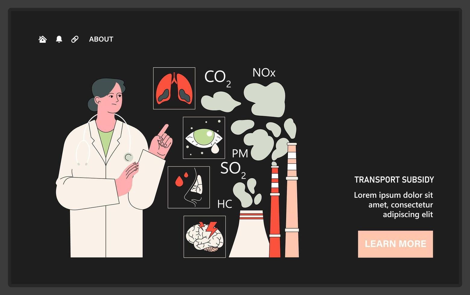 santé des risques de air la pollution foncé ou nuit mode la toile, atterrissage. médecin vecteur