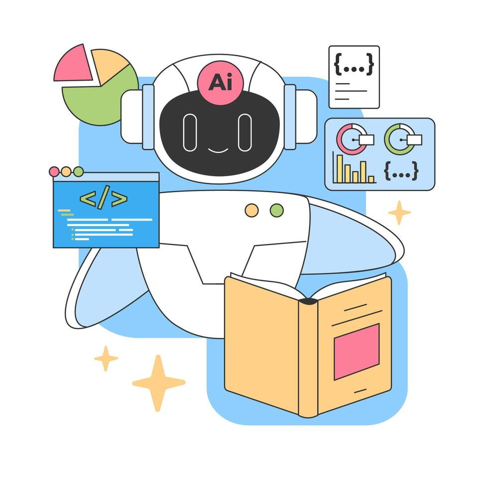 propulsé par l'IA virtuel assistant analyses Les données et codes. plat vecteur illustration.