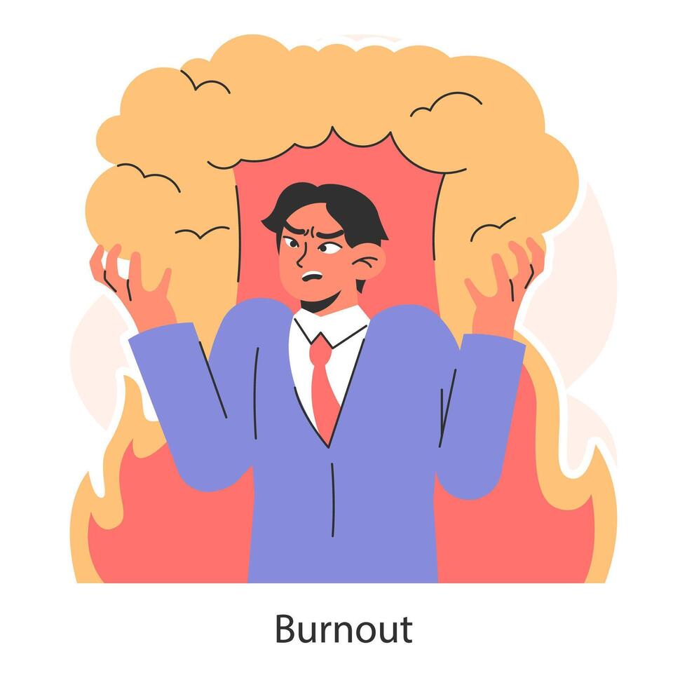 travail Burnout. affligé homme submergé par ardent émotions. mental vecteur