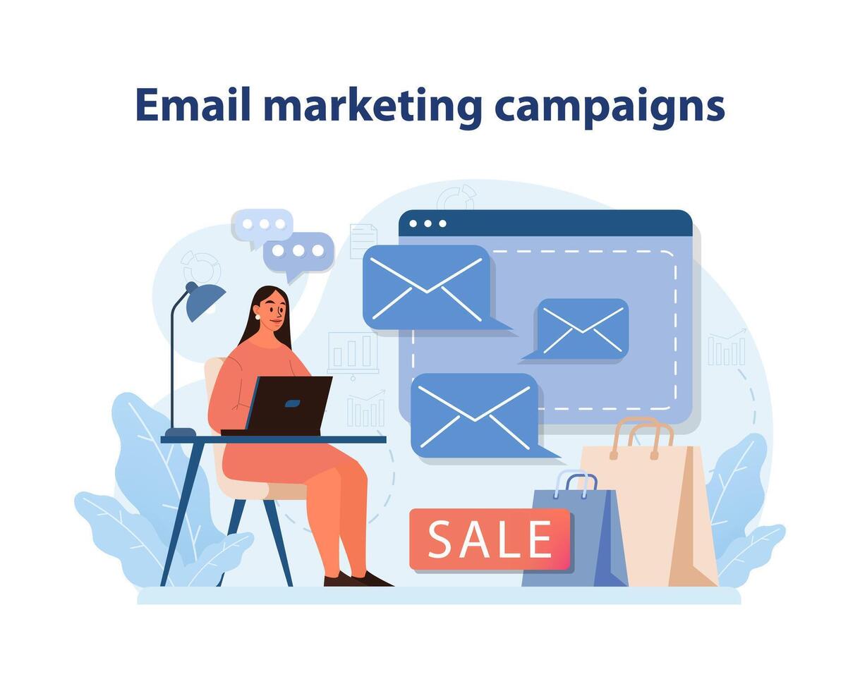 email commercialisation campagne exécution. une marketeur organise une ciblé email campagne. vecteur
