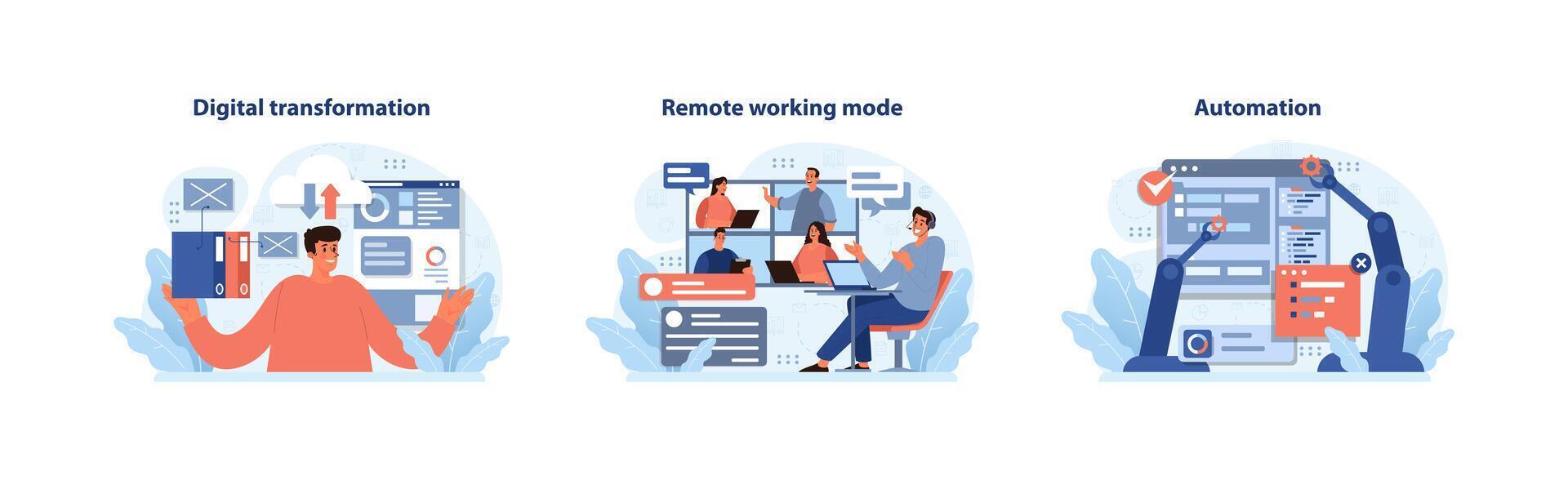 numérique affaires trio. sans couture l'intégration de numérique transformation, éloigné travail dynamique. vecteur
