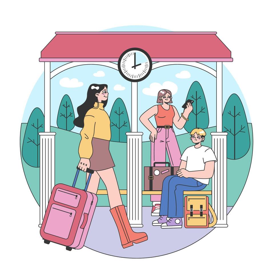 train voyage. personnages en voyageant par train. les passagers avec bagage vecteur