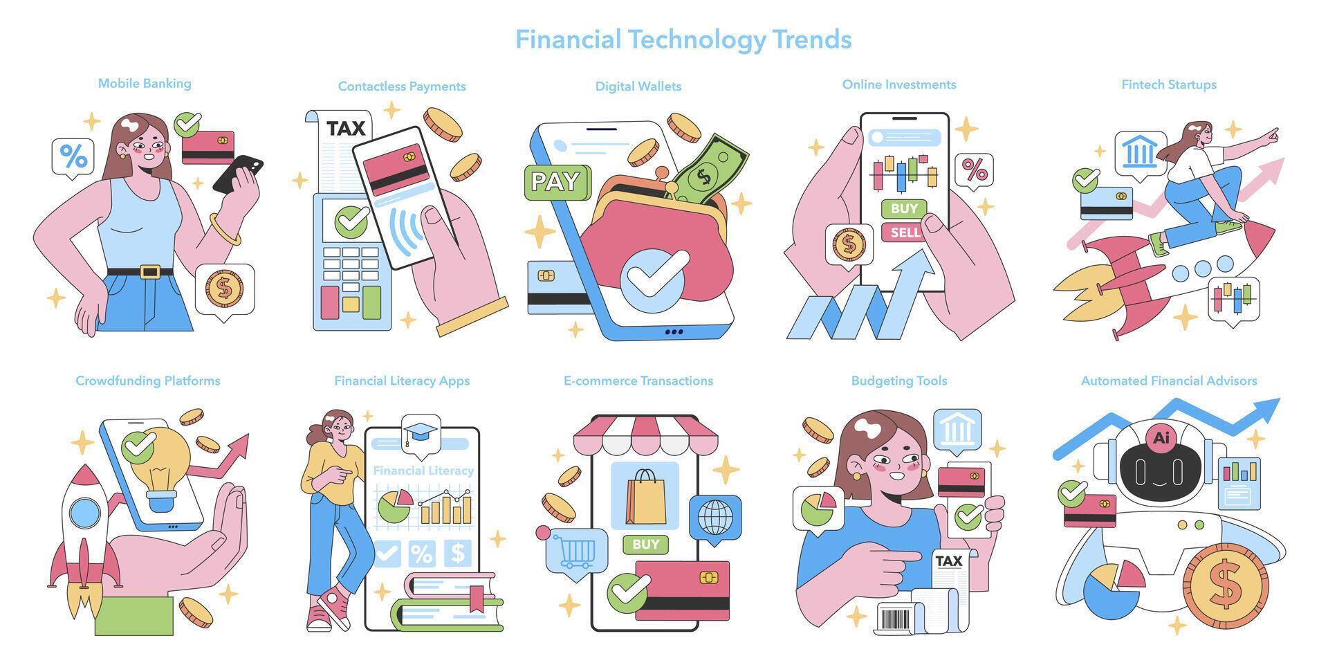 fintech les tendances ensemble. plat vecteur illustration.