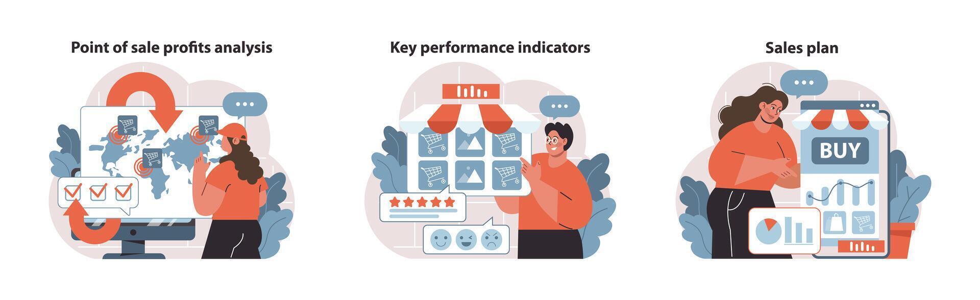 vente au détail profit plan trio. global vente analyse, clé métrique suivi, et stratégique Ventes planification. vecteur