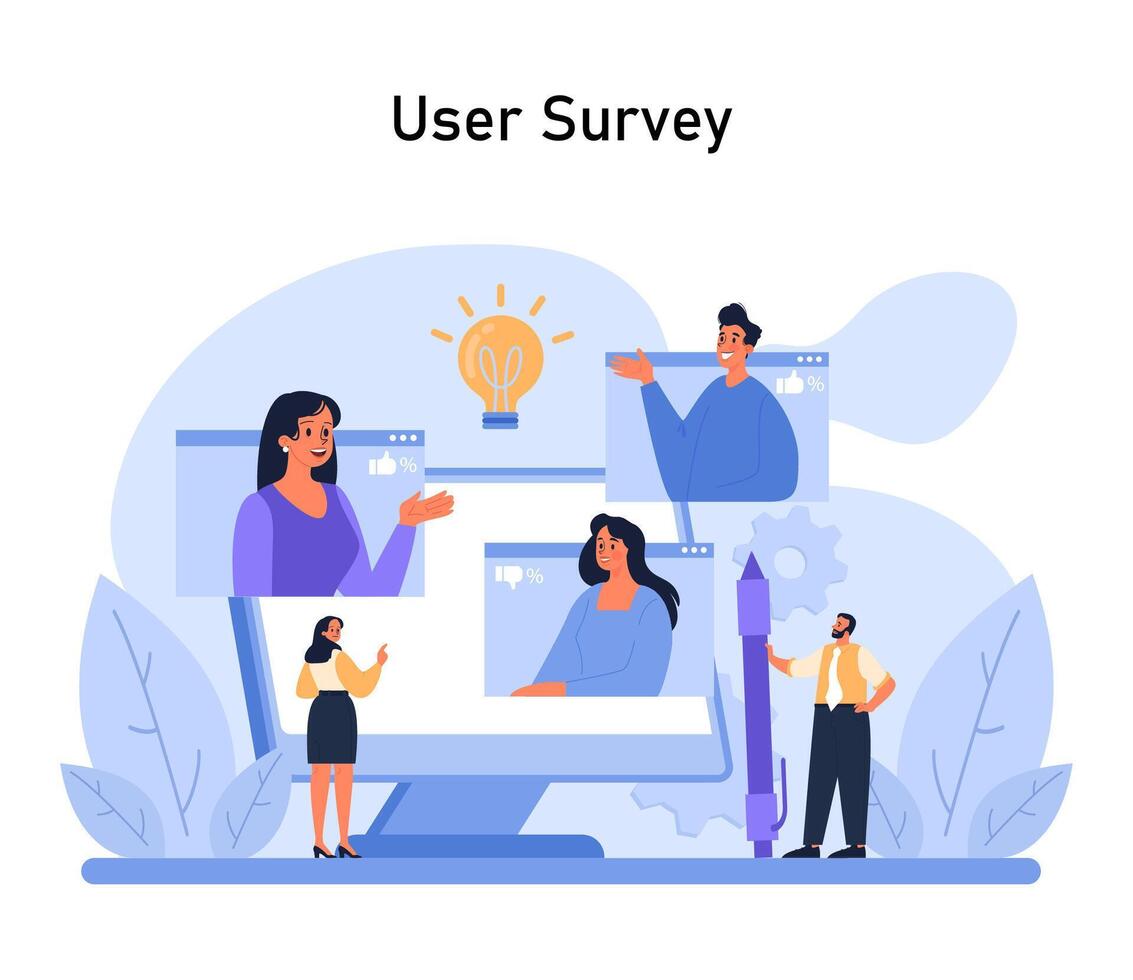 utilisateur enquête illustration. équipe engage dans rassemblement retour d'information avec numérique outils, mise en évidence le importance de utilisateur contribution dans le conception en pensant processus vecteur