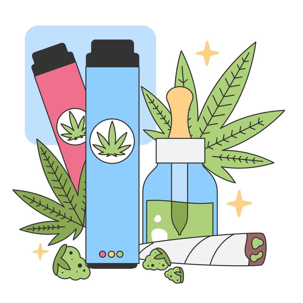 cannabis des produits mis en valeur. vape des stylos, cbd pétrole bouteille, Frais marijuana feuille, et roulé articulation. Naturel bien-être et alternative thérapie. plat vecteur illustration