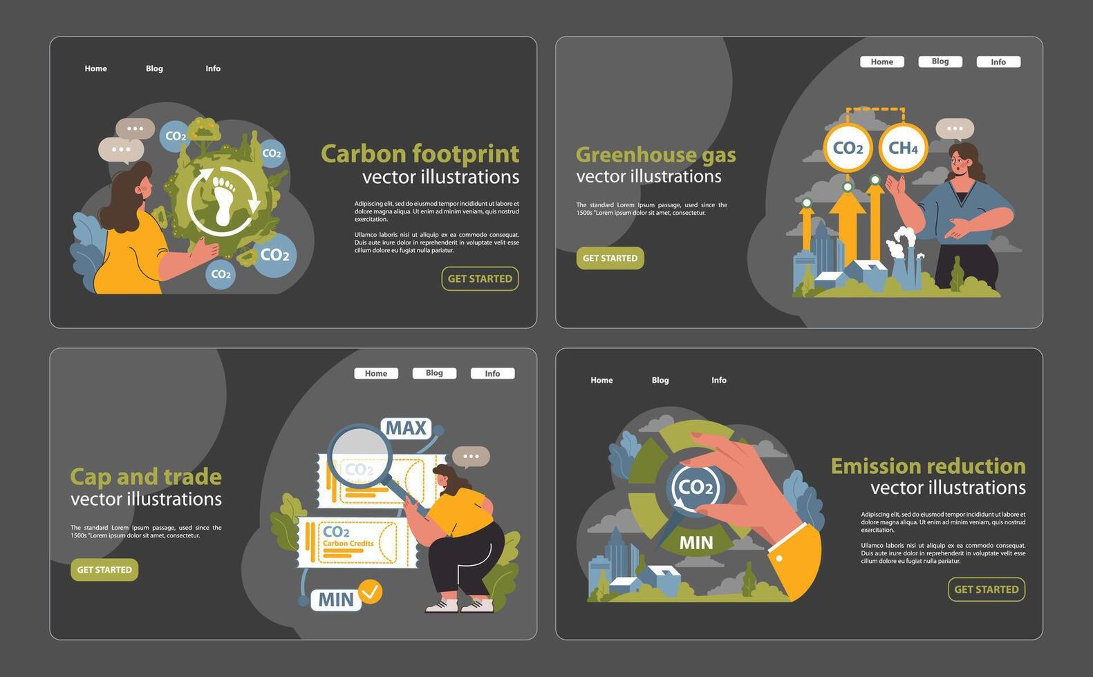 climat action visuels la toile ou atterrissage ensemble. personnel carbone empreinte la mesure vecteur