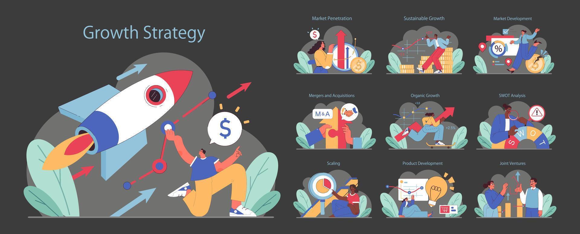 croissance stratégie ensemble. entrepreneurs conduire Succès via fusées, marché plongées, et stratégique outils. vecteur