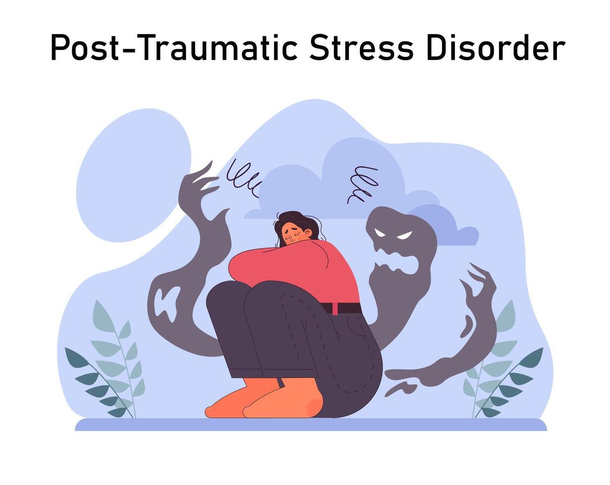 Publier traumatique stress désordre. femelle personnage Souffrance de mental vecteur
