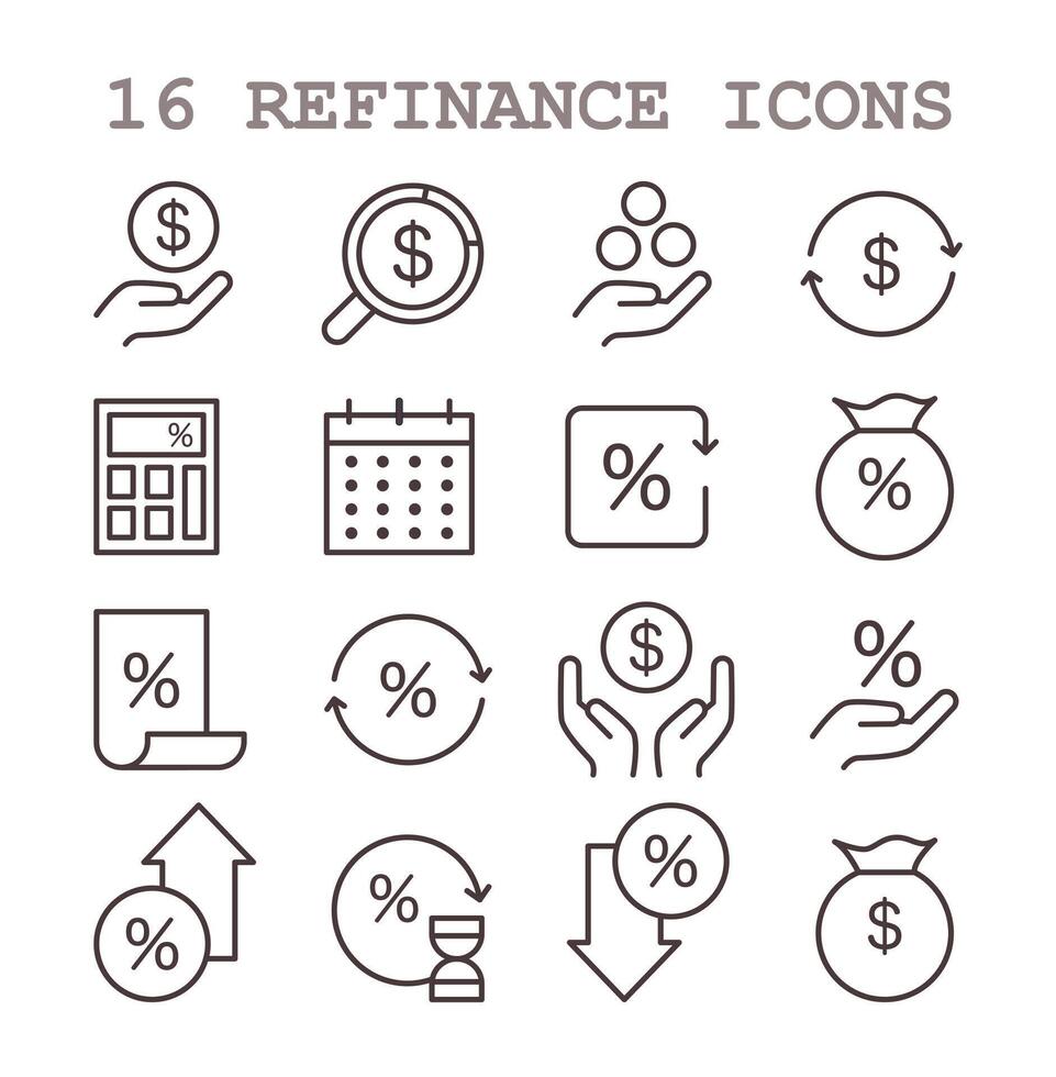 refinancer processus icône ensemble. prêt taux réduction à prêteur les accords vecteur