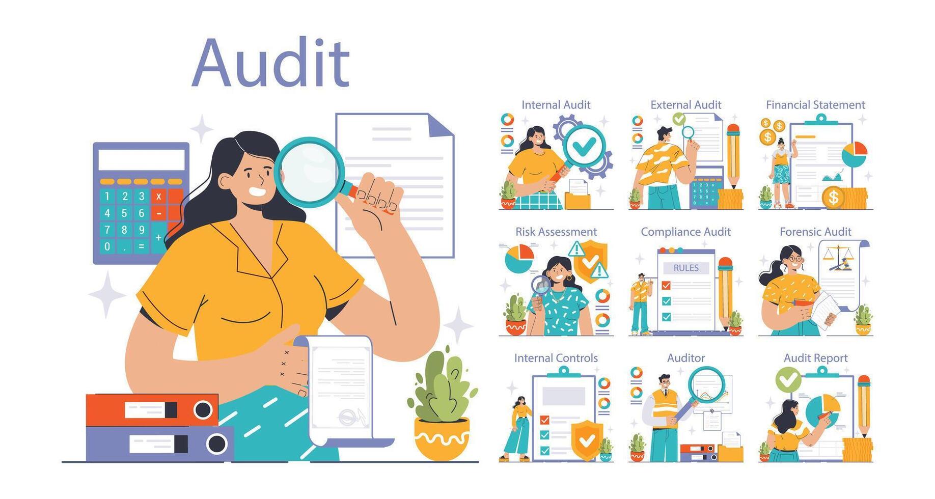 Audit ensemble. professionnels évaluer financier enregistrements. plat vecteur illustration