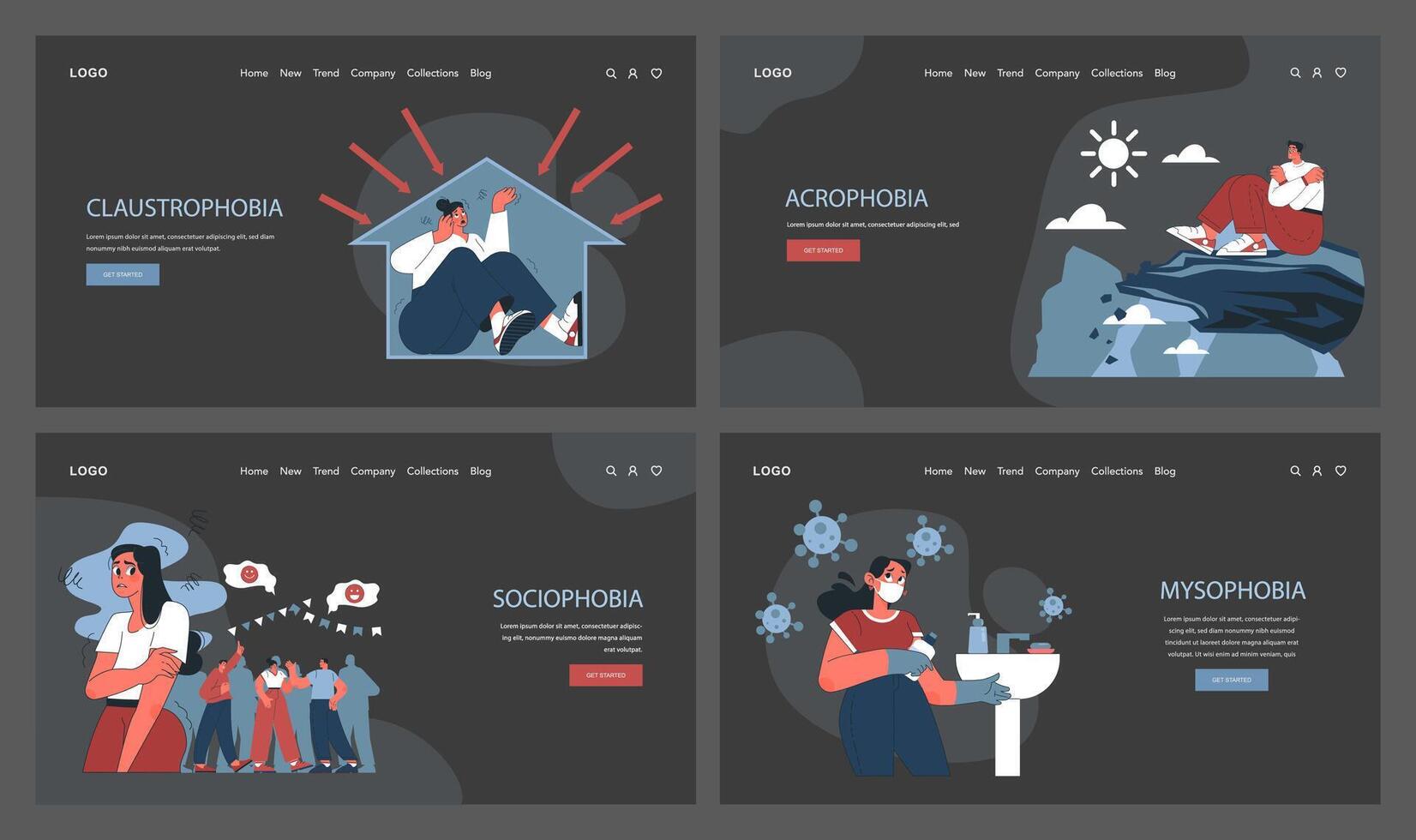 phobie la toile bannière ou atterrissage page foncé ou nuit mode ensemble. humains vecteur