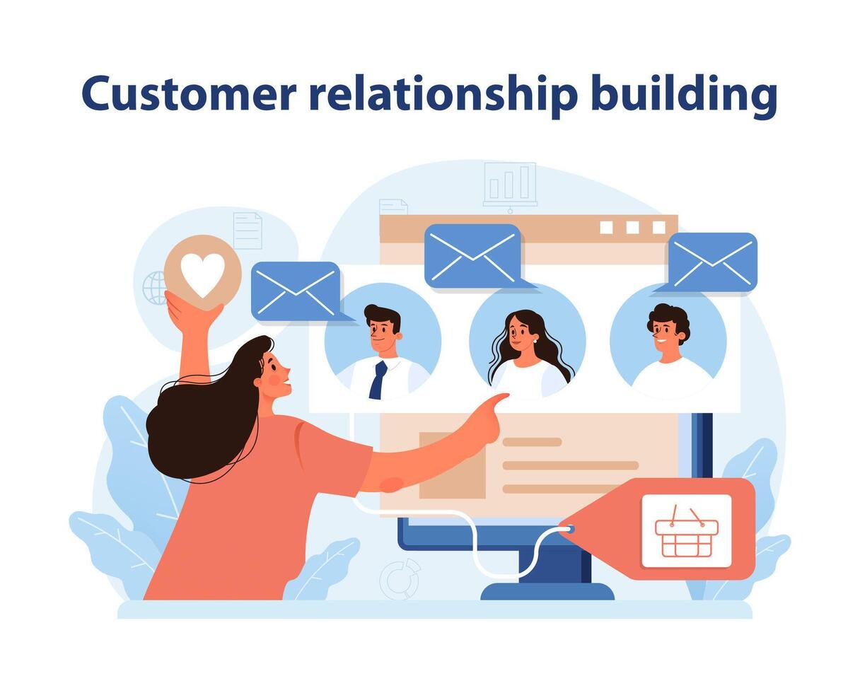 client relation bâtiment illustration. une marketeur connecte avec clients en utilisant numérique outils. vecteur