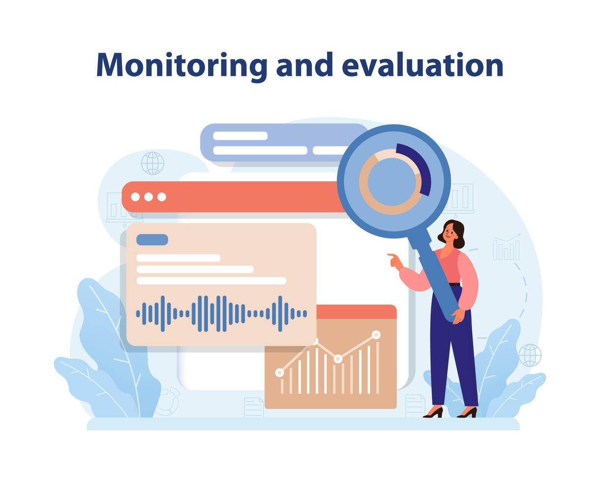 surveillance et évaluation. un expressif vecteur illustration mettant en valeur le critique rôle de en cours évaluation.