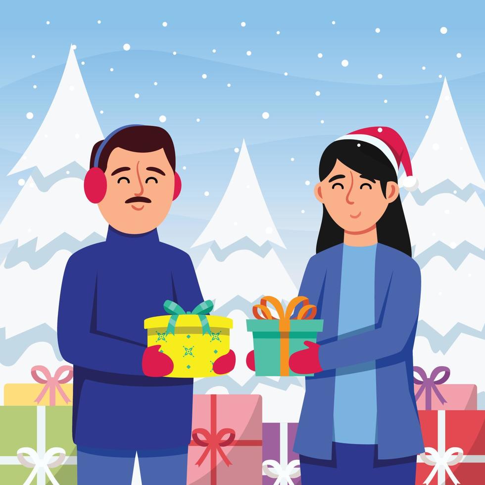 échange de cadeaux de couple pour la fête de noël vecteur