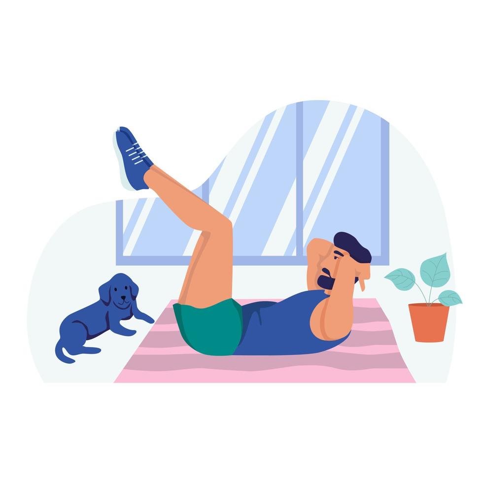 un jeune homme fait des exercices d'abdos. sport à la maison, mode de vie sain. illustration vectorielle de dessin animé plat. vecteur