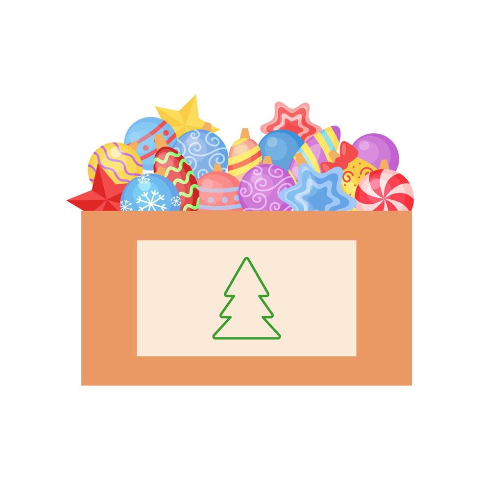 boîte avec des décorations pour arbre de Noël. boules, étoiles avec ornement. préparation aux vacances d'hiver. objet vectoriel isolé