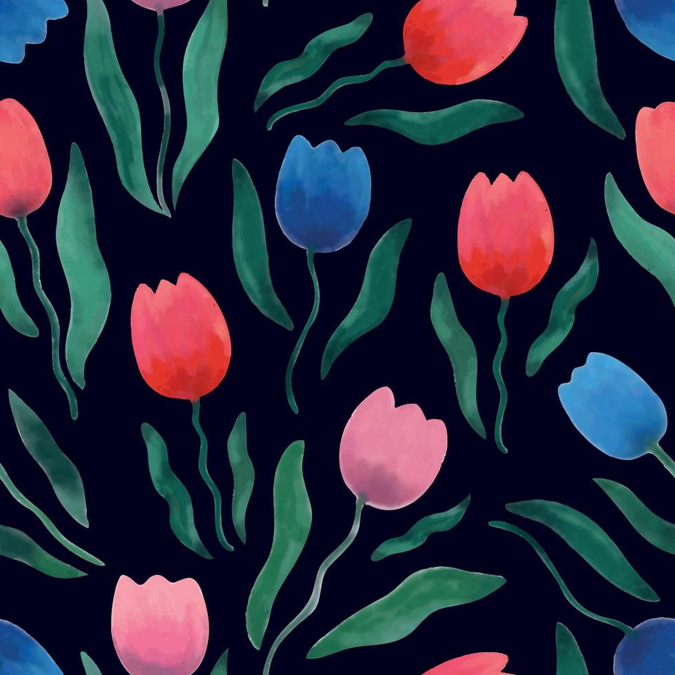 modèle sans couture aquarelle avec des tulipes sur fond bleu vecteur