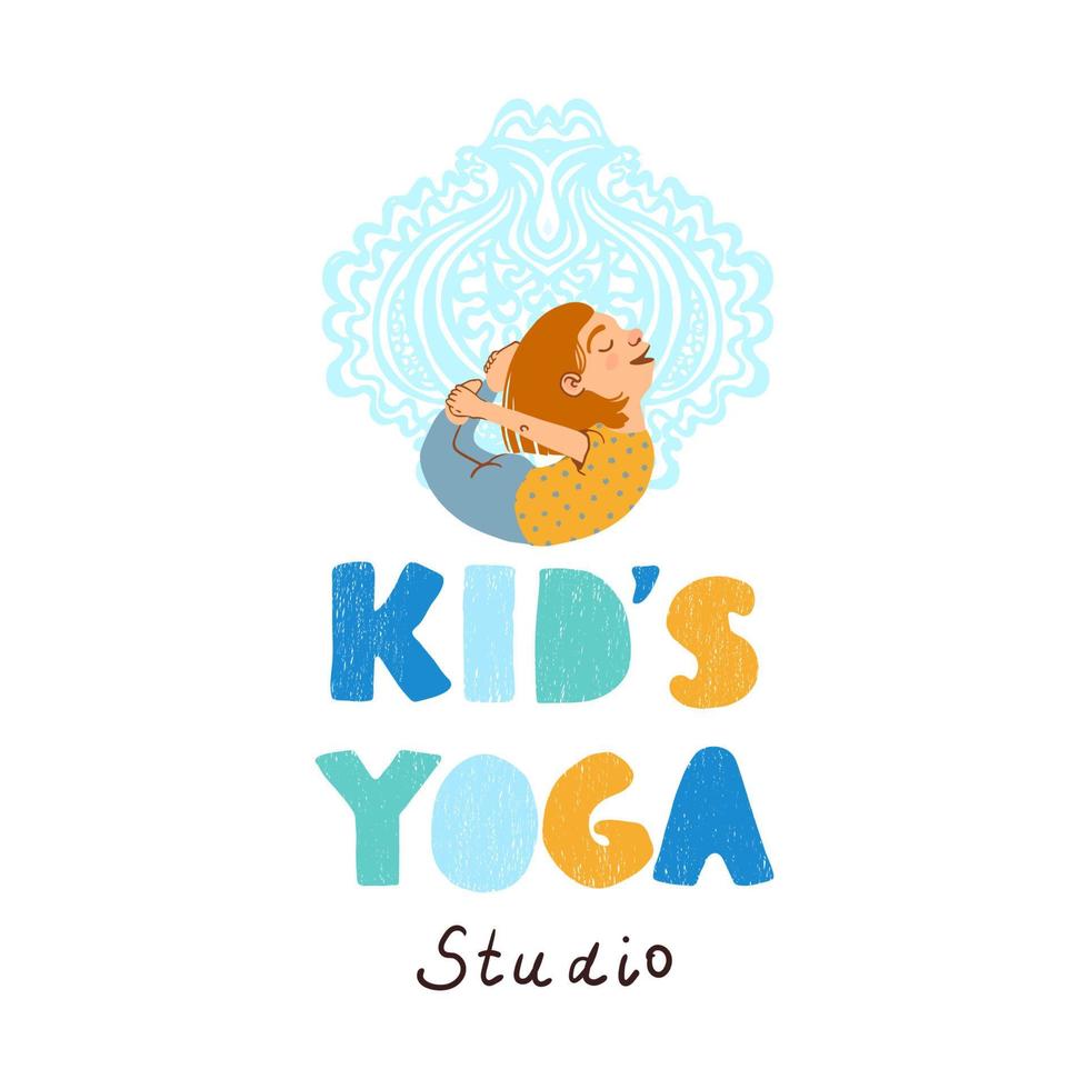 Logo de studio de yoga pour enfants colorés vectoriels avec illustration de petite fille faisant du yoga isolé sur fond blanc vecteur