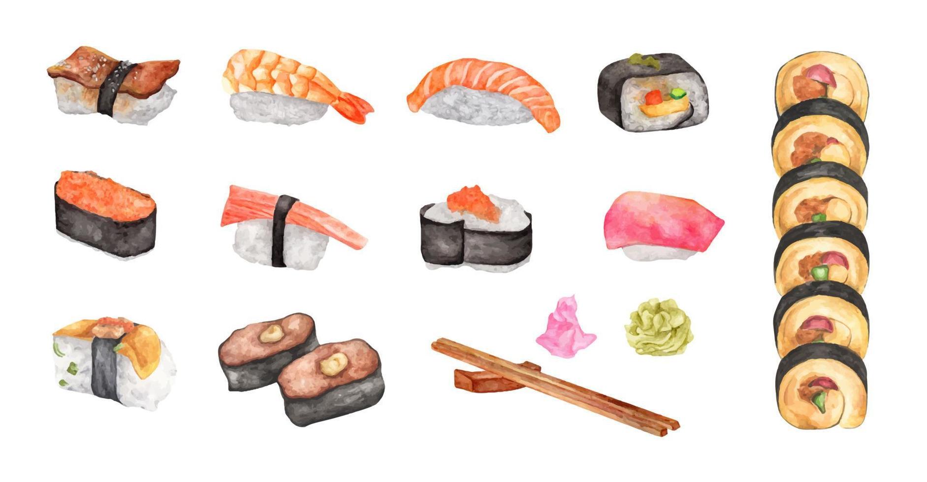 ensemble de sushis à l'aquarelle. illustration de la nourriture. vecteur